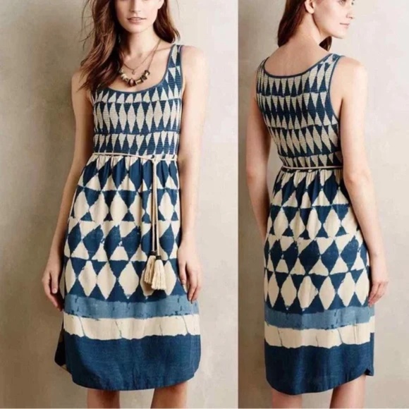 ANTHROPOLOGIE MAEVE CASTALIA blue & cream dress Size 8 - Picture 1 of 5